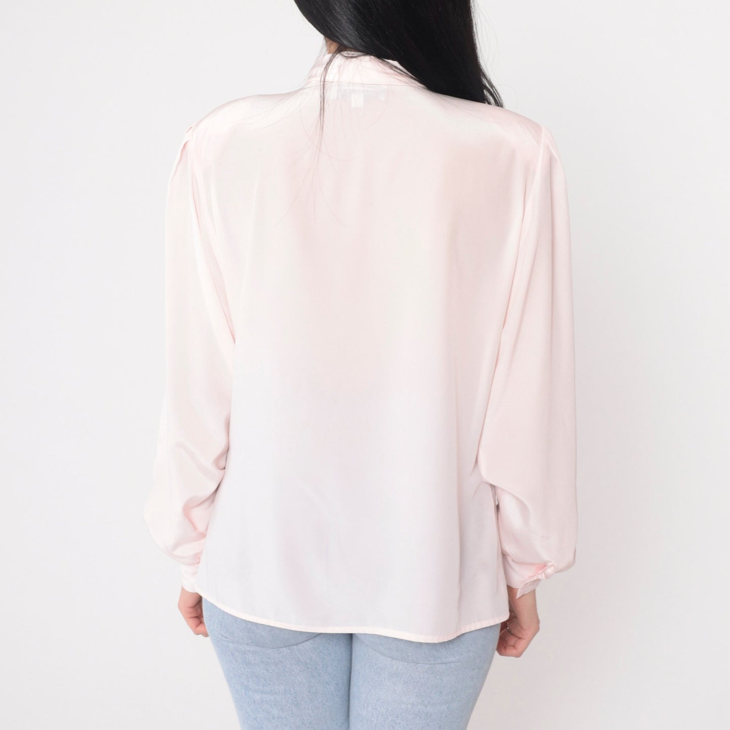 80s Baby Pink Pleated Blouse Puff Sleeve Button-Up Small