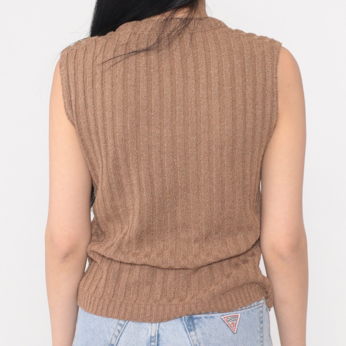 80s Cocoa Brown Ribbed Knit Sweater Vest Scoop Neck Pullover Medium M