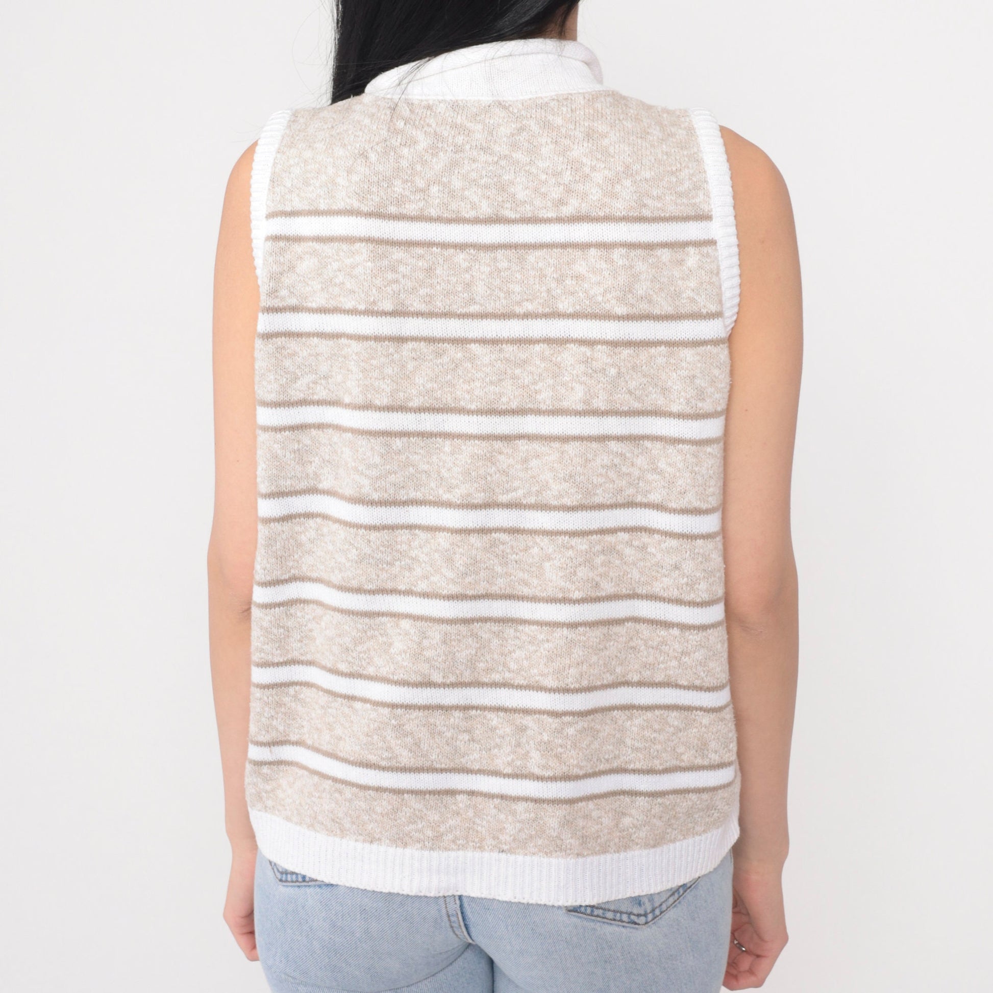 80s Striped Knit Sweater Vest Tan White Mock Neck Pullover Medium