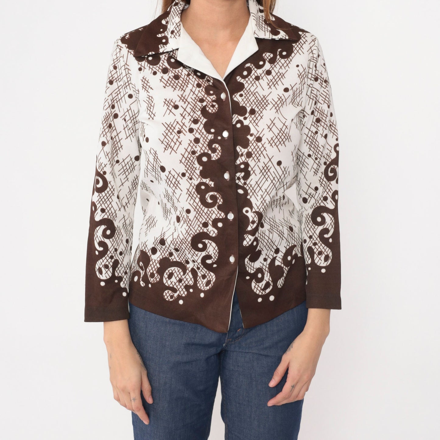 70s Swirl Print Button Up Shirt Brown White Abstract Plaid Dagger Collar Small