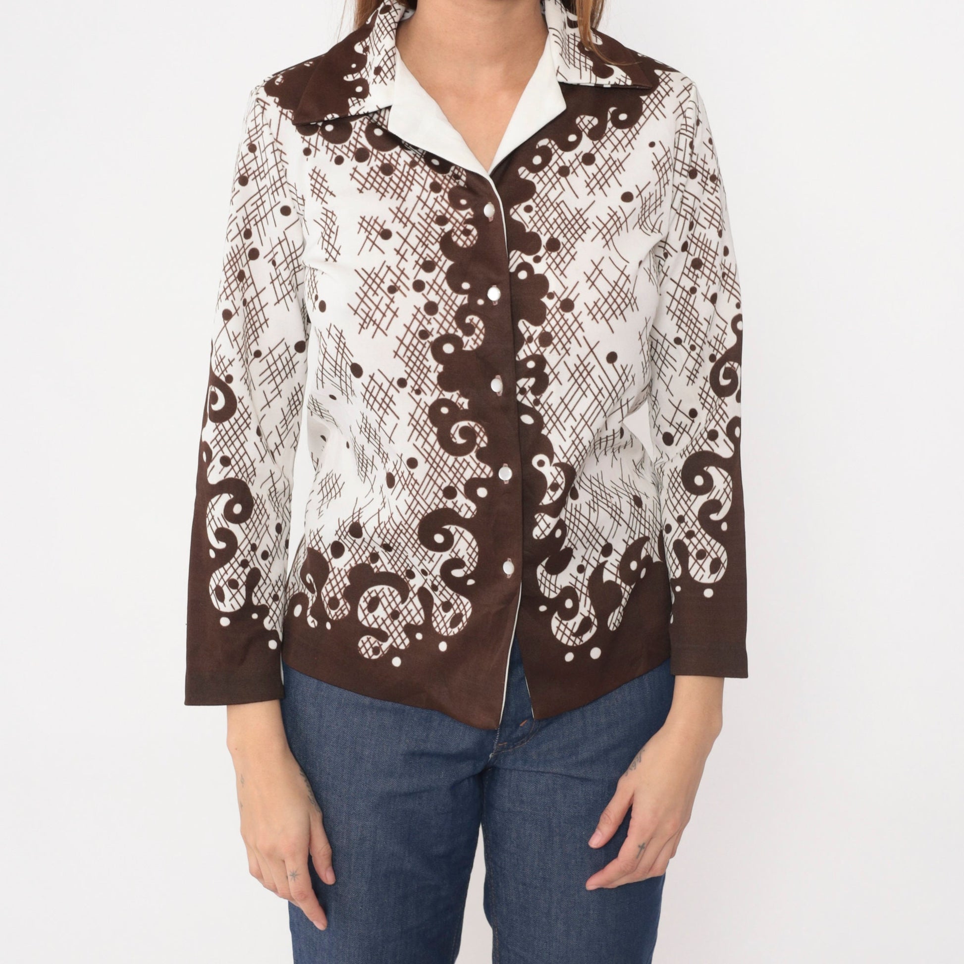70s Swirl Print Button Up Shirt Brown White Abstract Plaid Dagger Collar Small