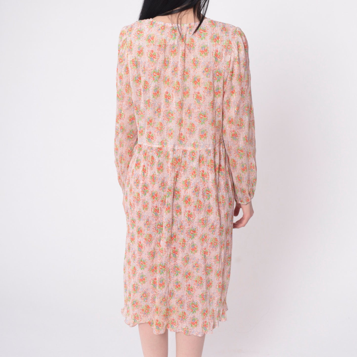 70s Floral Midi Dress High Waist Knife Pleated Puff Sleeve Green Blue Medium