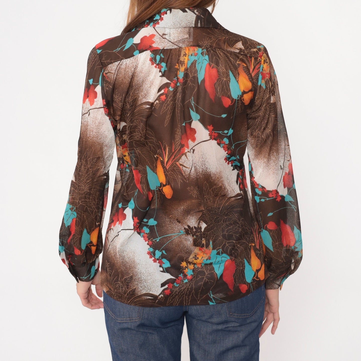 70s Teddi Tropical Leaf Print Button-Up Blouse Brown Long Sleeve Extra Large