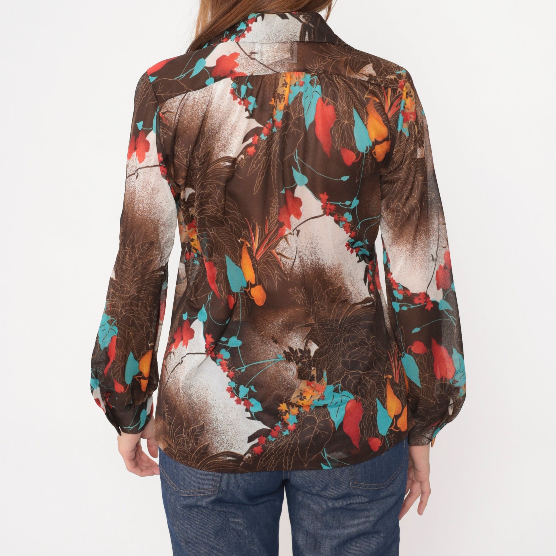 70s Teddi Tropical Leaf Print Button-Up Blouse Brown Long Sleeve Extra Large
