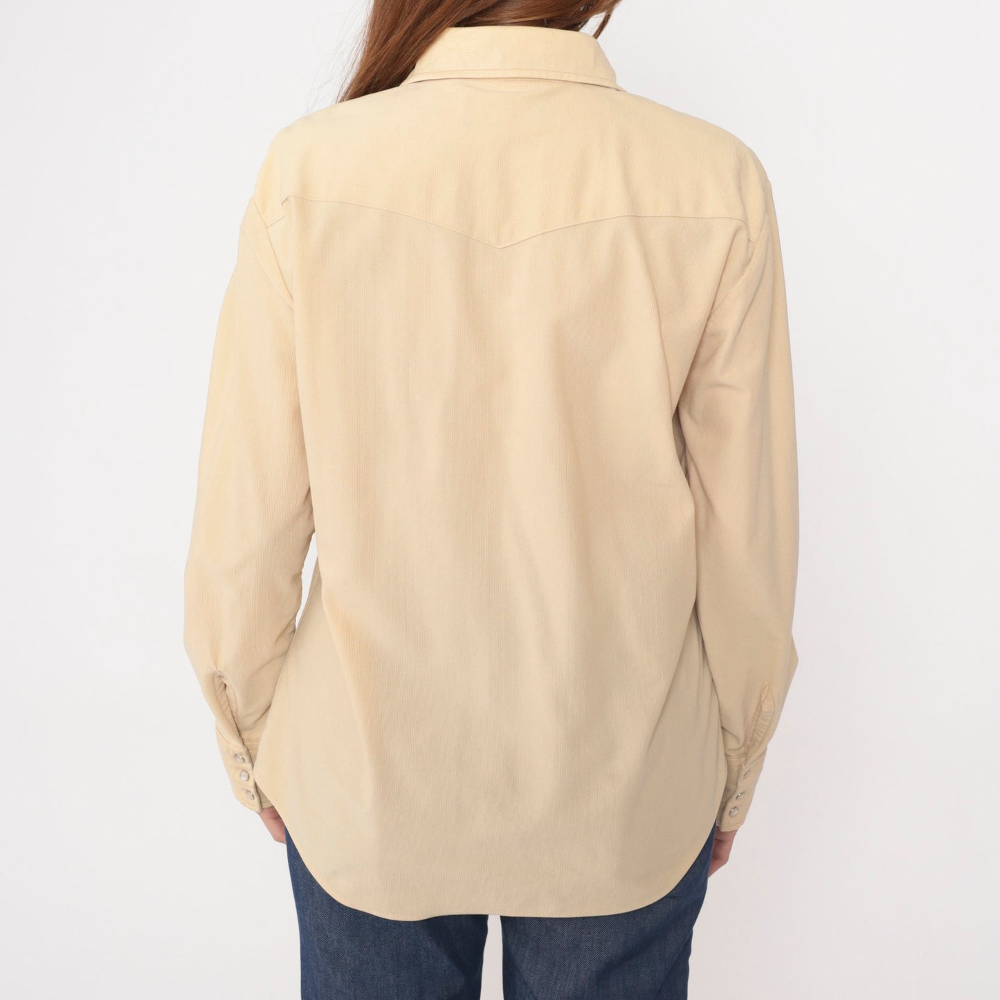 70s Western Pearl Snap Shirt Cream Ribbed Long Sleeve Large L