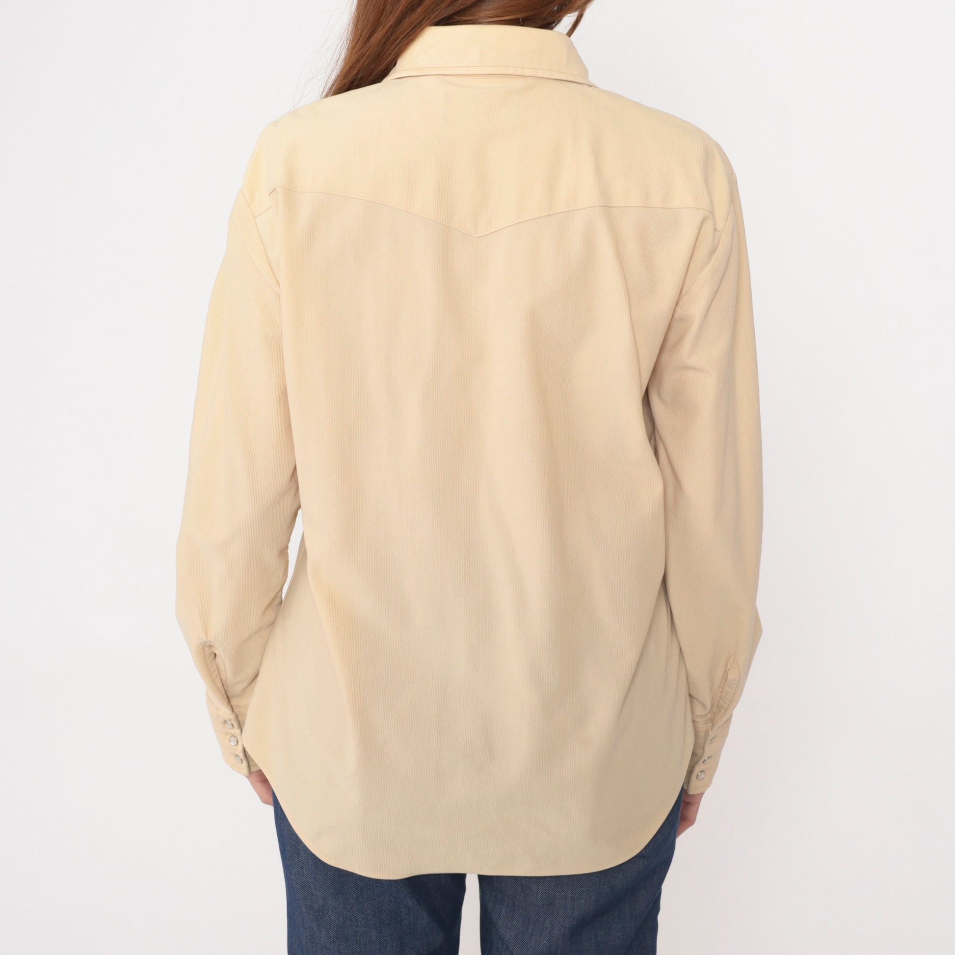 70s Western Pearl Snap Shirt Cream Ribbed Long Sleeve Large L