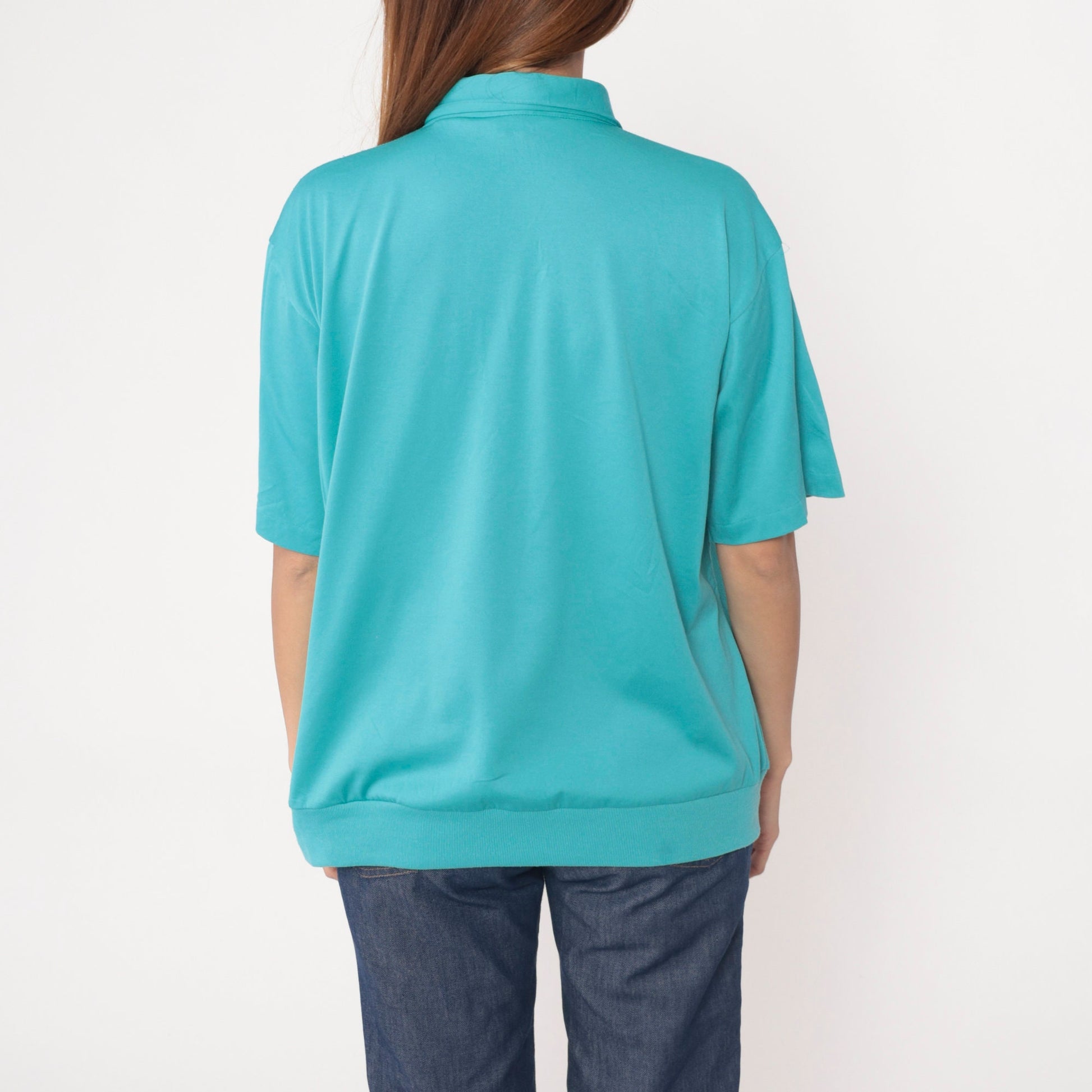 80s Turquoise Polo Shirt Cotton Blend Chest Pocket Banded Hem Extra Large XL