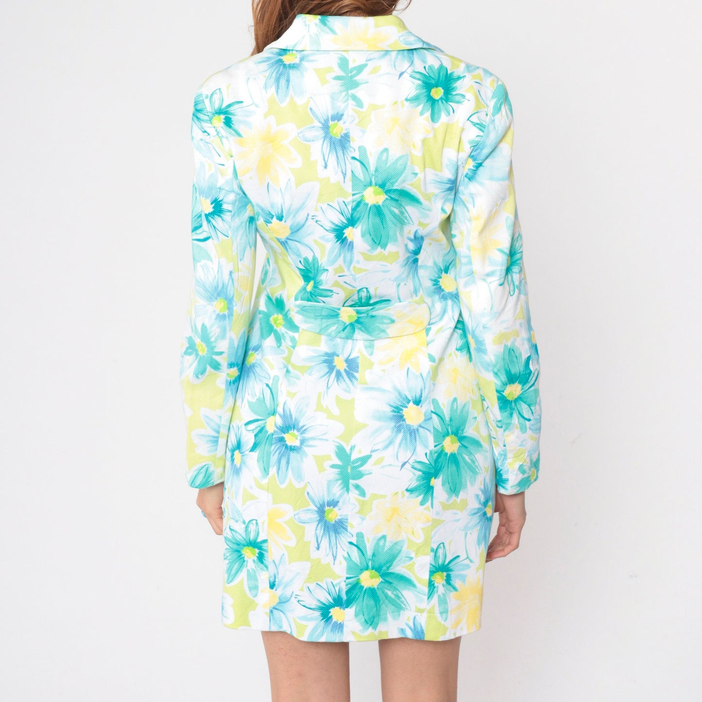 90s Lime Green Floral Mini Shirtdress Long Sleeve Button Up Cotton Medium 8