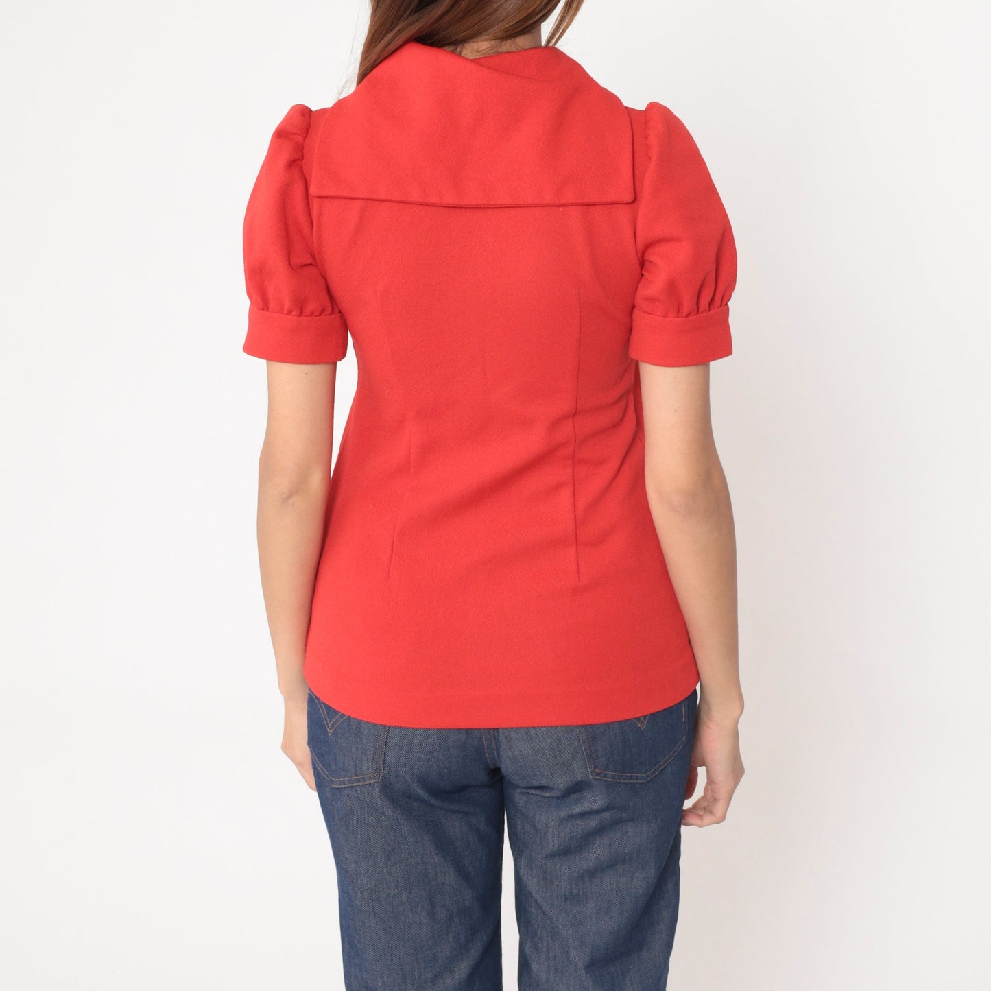 70s Red Sailor Collar Blouse Grey Ascot Puff Sleeve Front Zip Small
