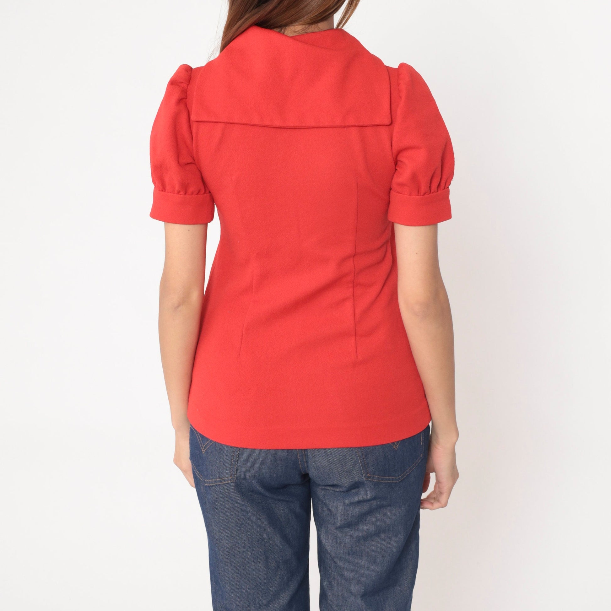 70s Red Sailor Collar Blouse Grey Ascot Puff Sleeve Front Zip Small