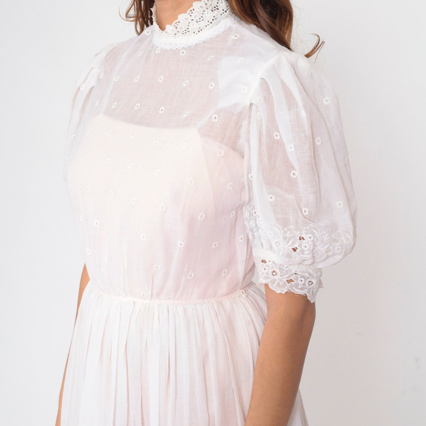60s White Eyelet Dress Floral Embroidered Puff Sleeve High Waist Midi Small