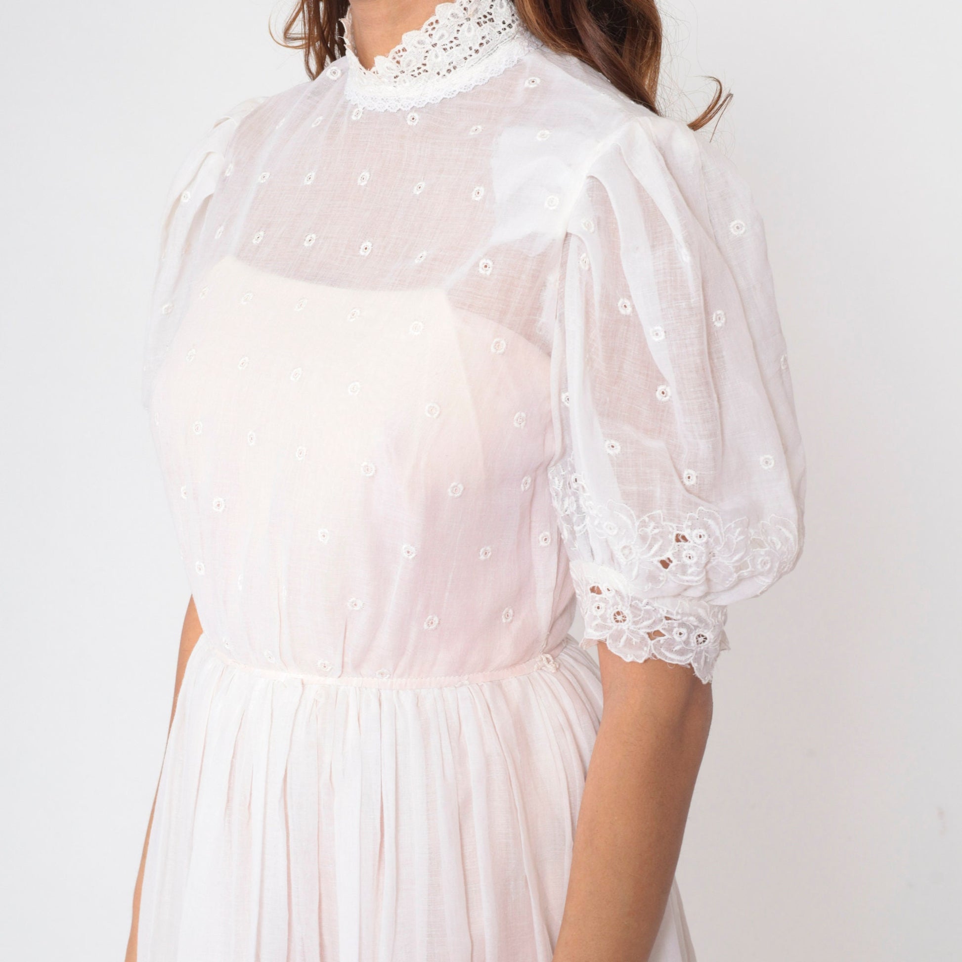 60s White Eyelet Dress Floral Embroidered Puff Sleeve High Waist Midi Small