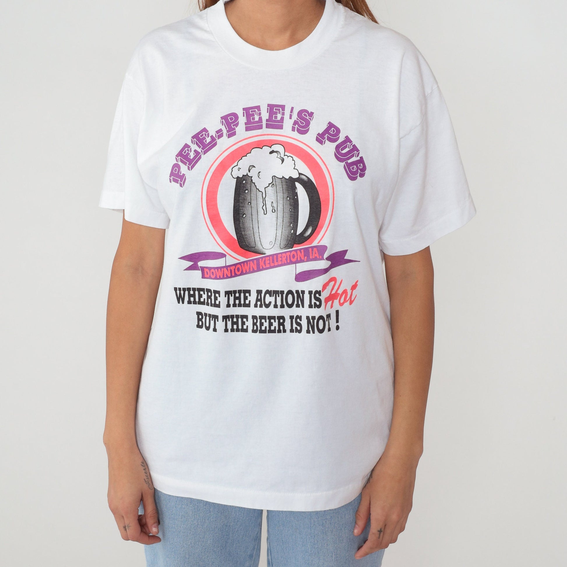 90s Pee-Pee's Pub Kellerton Iowa Graphic T-Shirt White Single Stitch Large