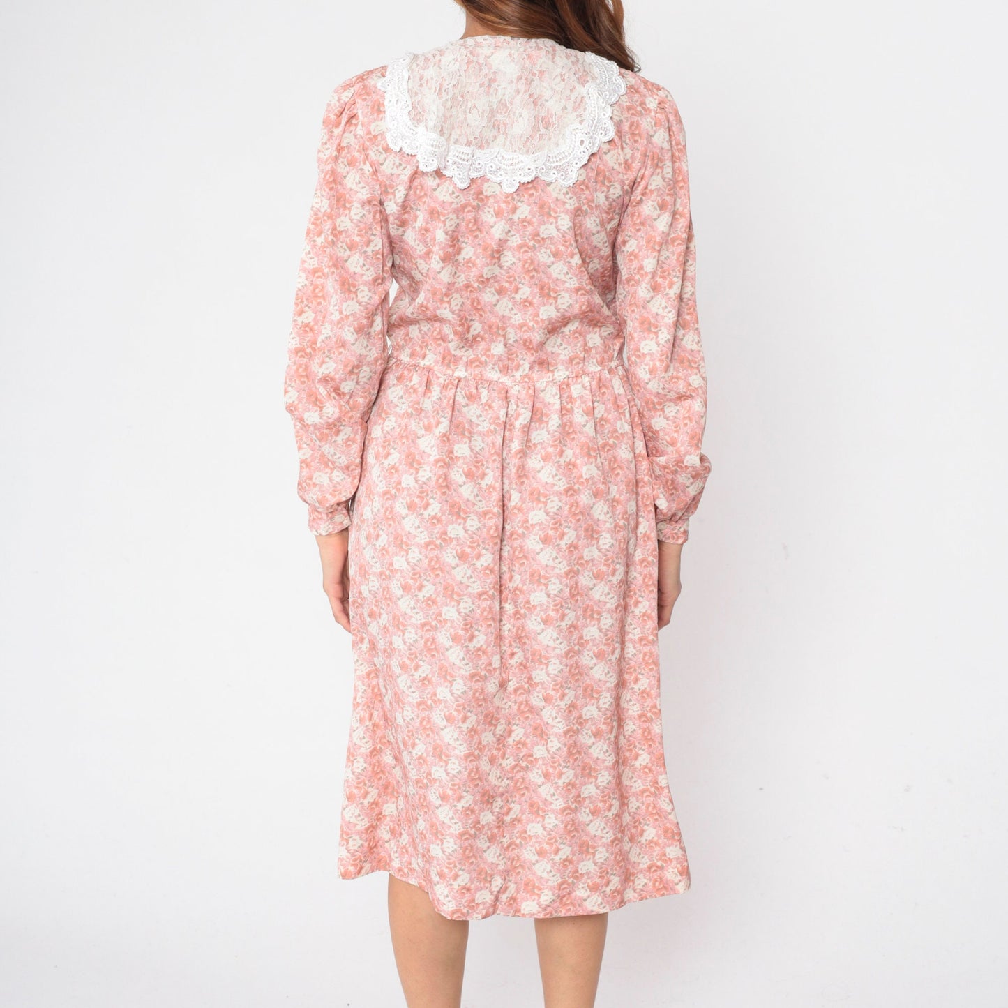 80s Floral Wrap Dress Pink V-Neck Midi Puff Sleeve High Waisted Small Medium