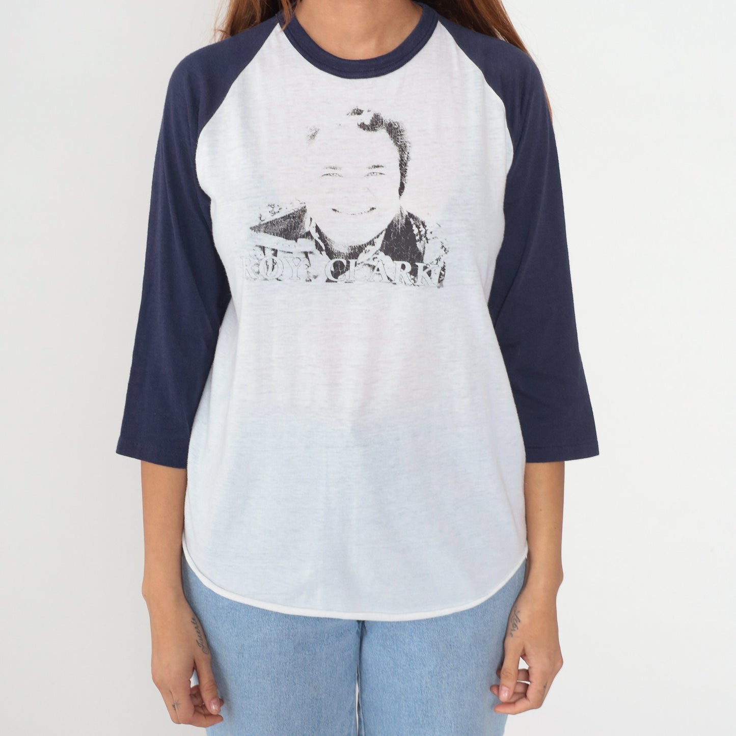 80s Roy Clark Country Music Baseball Tee Graphic T-Shirt White Blue Large