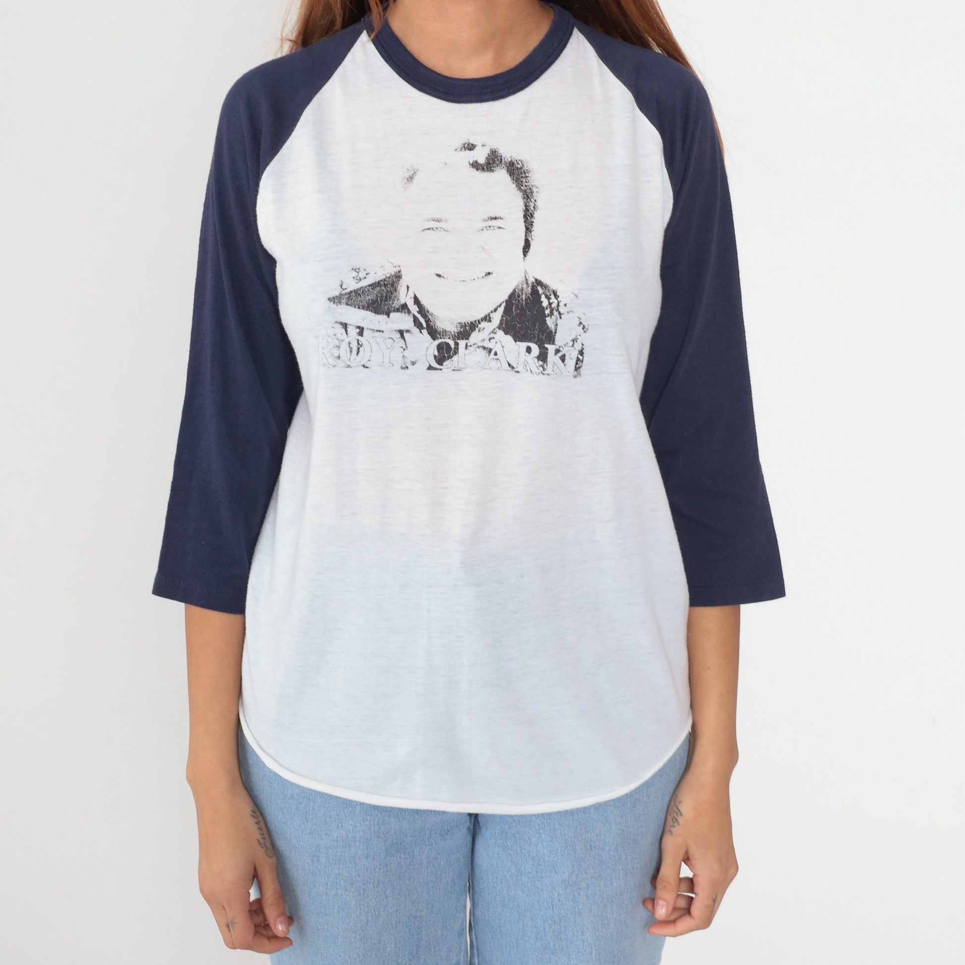 80s Roy Clark Country Music Baseball Tee Graphic T-Shirt White Blue Large