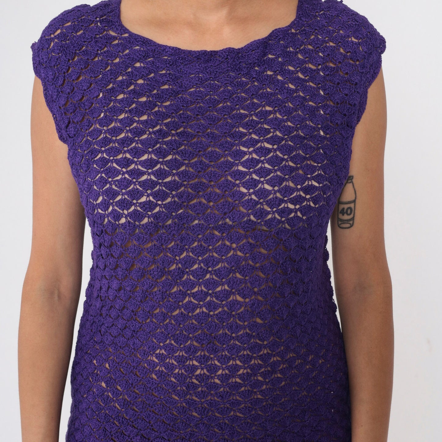 70s Purple Crochet Mini Dress Sheer Knit Shift Cut Cap Sleeve Small