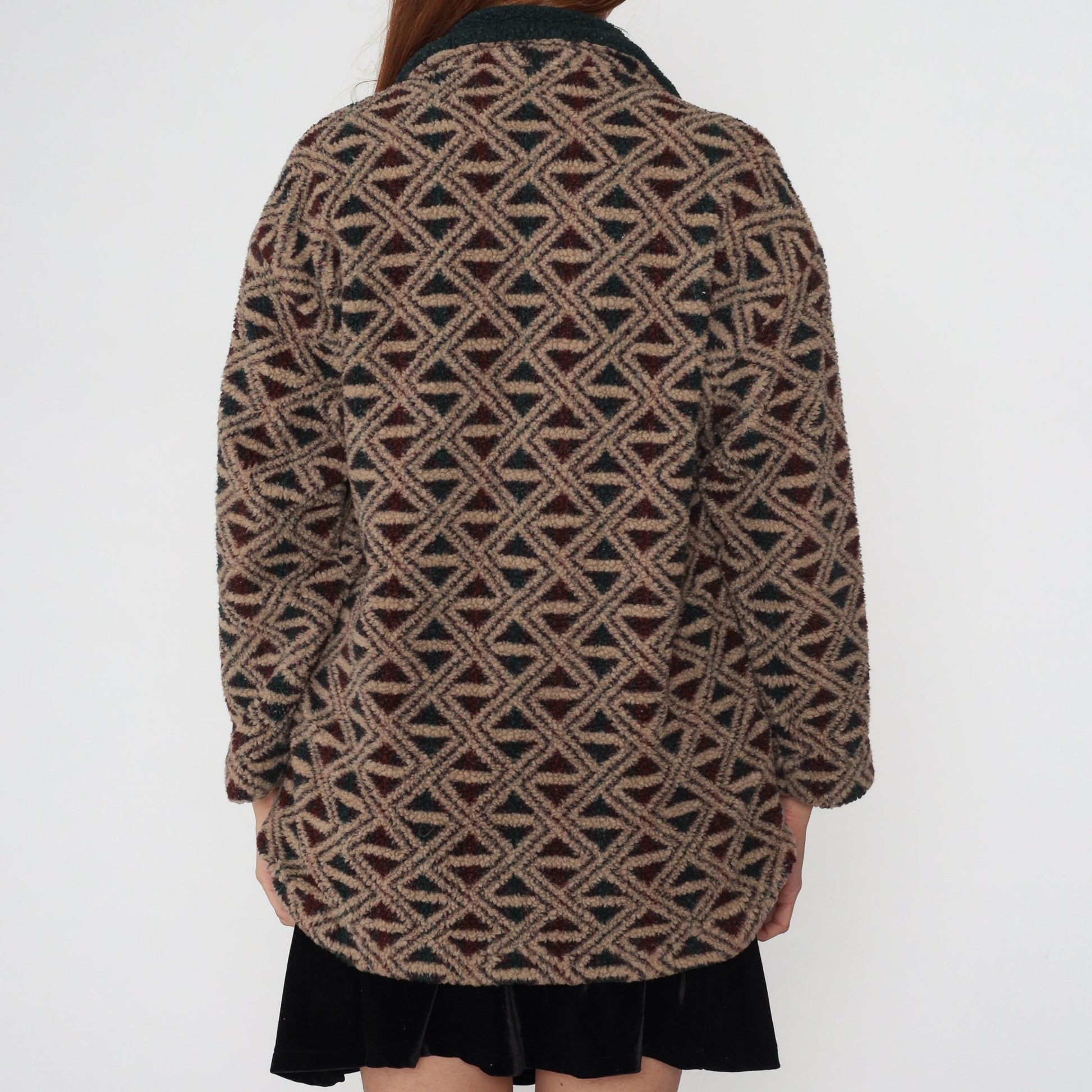 90s Fleece Jacket Abstract Geometric Print Button-Up Tan Green Medium M