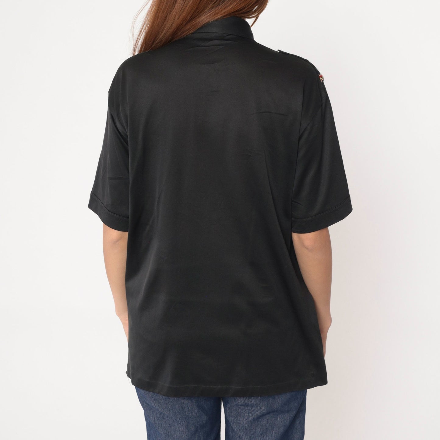 70s Black Polo Shirt Shoulder Epaulette Quarter Button Collar Large