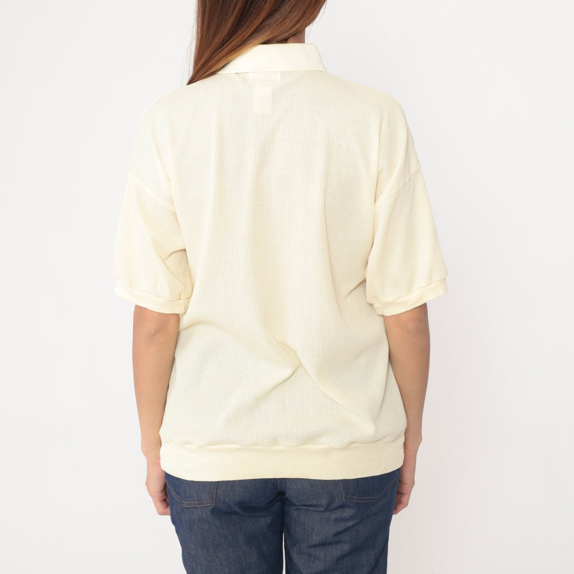 80s Onvoy Polo Shirt Light Yellow Waffle Knit White Stripe Large