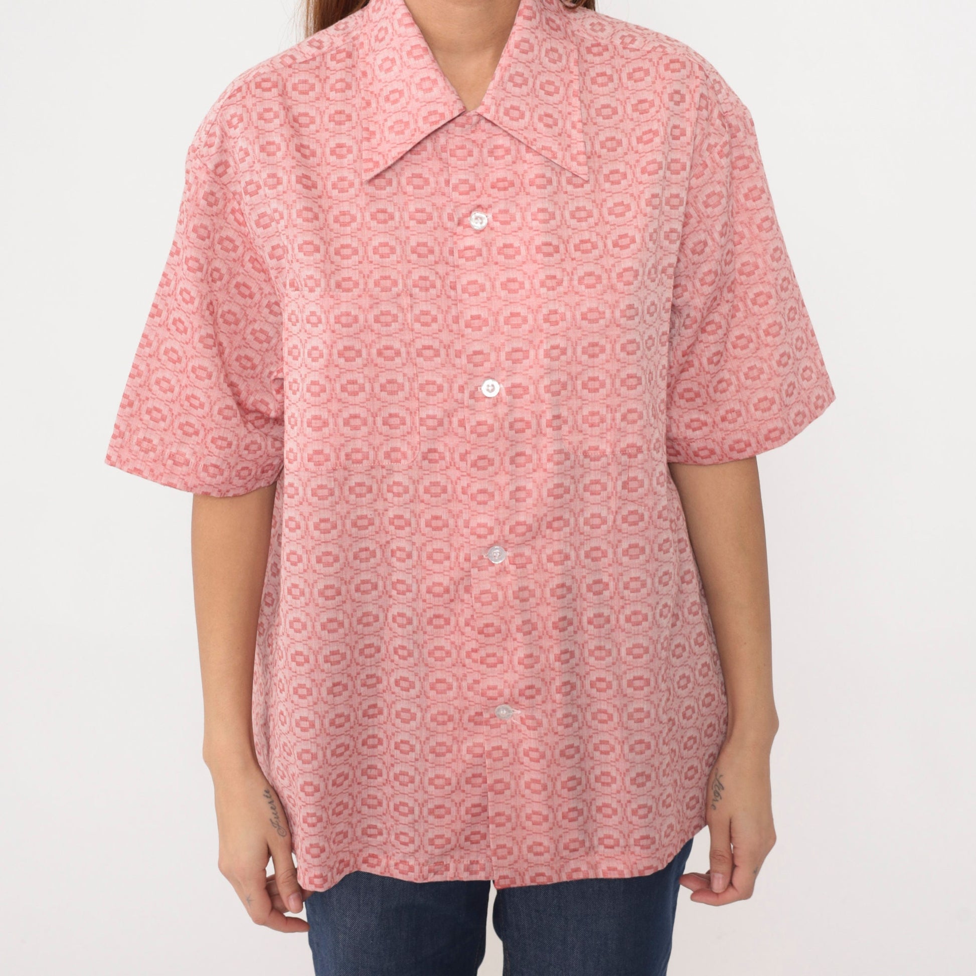 70s Pink Geometric Tile Print Button-Up Shirt Short Sleeve Men's Large