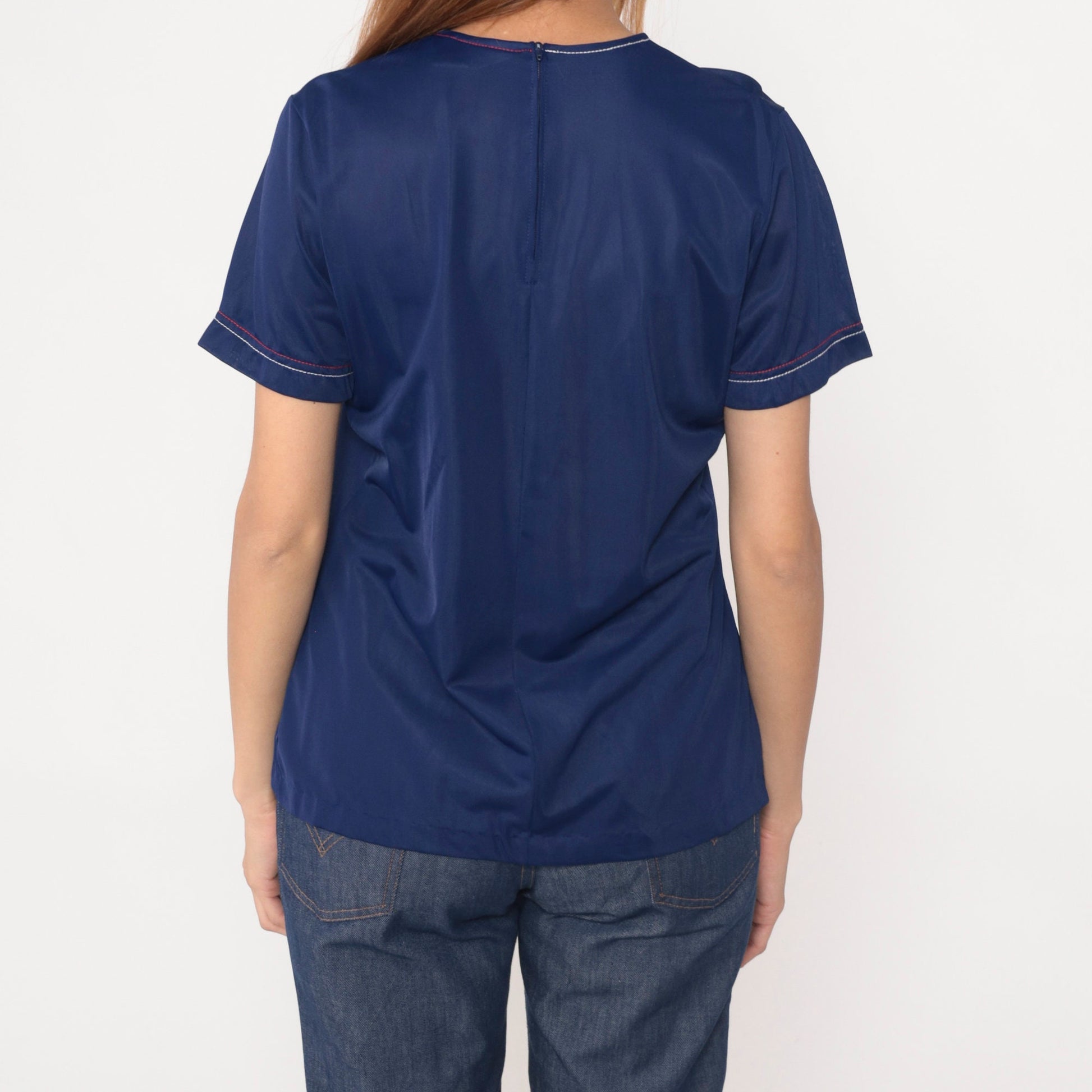 70s Navy Nylon Blouse Red White Topstitching Short Sleeve Chest Pocket Medium