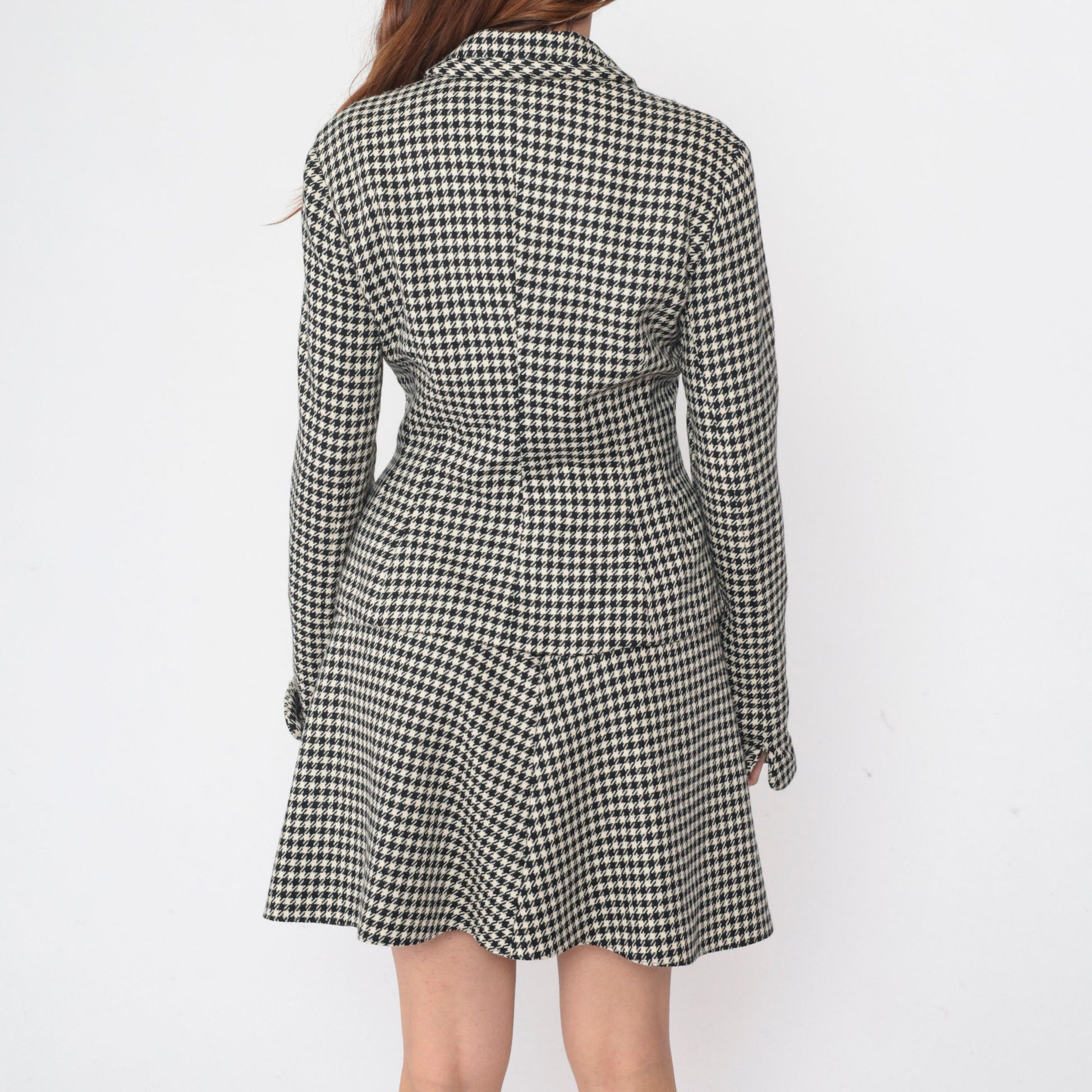 90s Jill Stuart Houndstooth Skirt Suit Jacket Mini A-Line Black White Medium