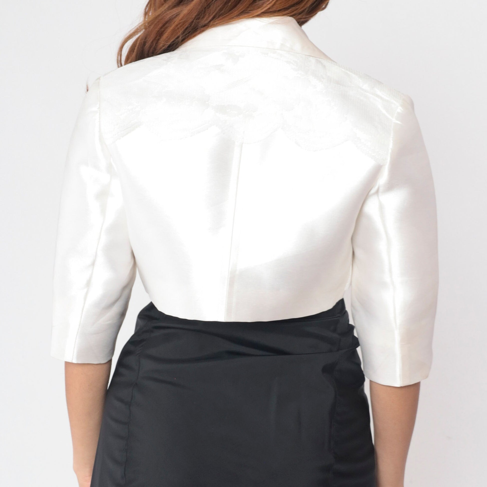 90s White Taffeta Lace Trim Cropped Blazer Half Sleeve Open Front Small 4