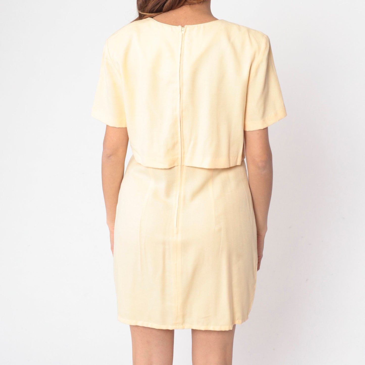 90s Yellow Eyelet Shift Dress Floral Embroidered Mini Short Sleeve Medium