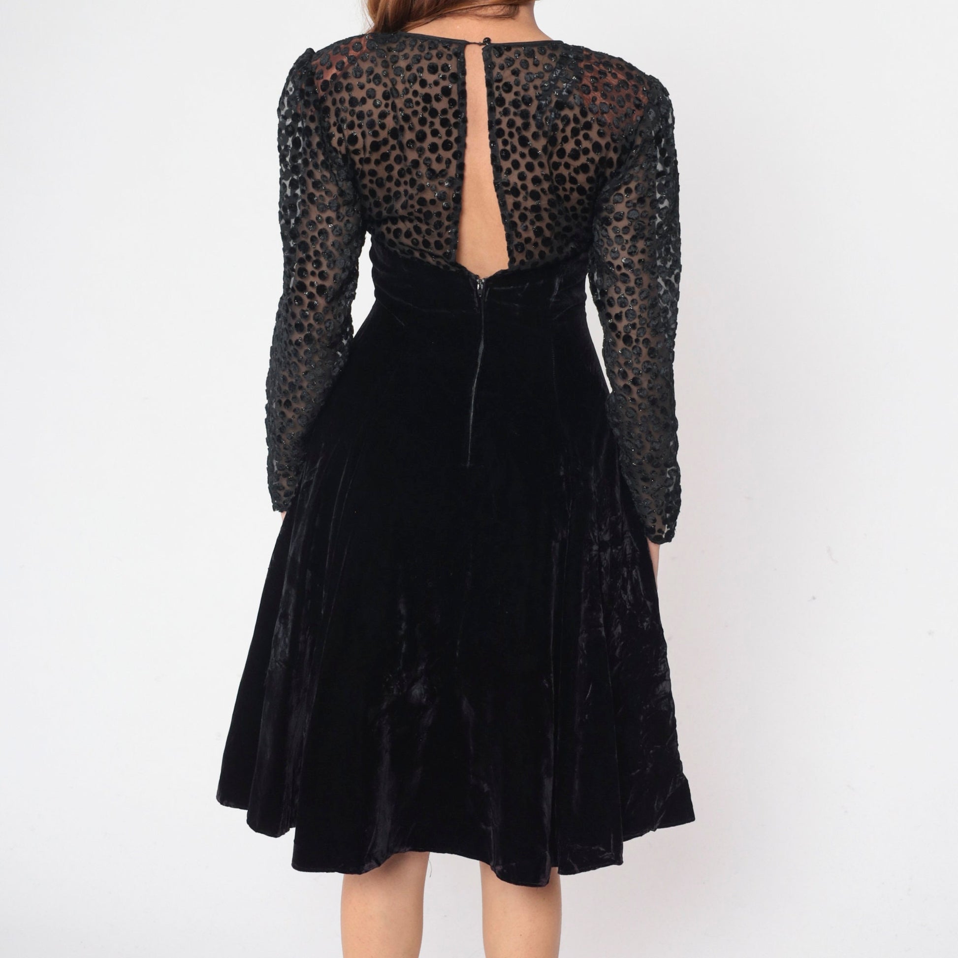 80s Black Velvet Party Dress Illusion Neckline Sparkly Sheer Small