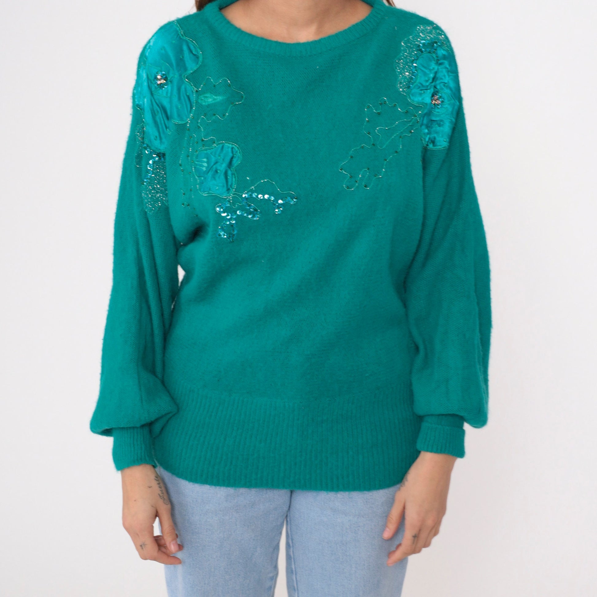 80s Green Sequin Floral Sweater Beaded Dolman Sleeve Knit Medium