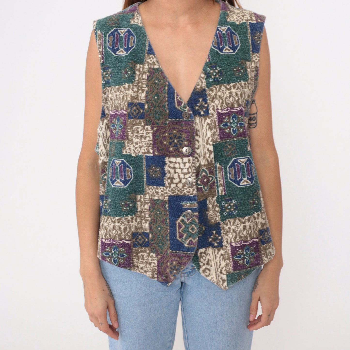 90s Southwestern Patchwork Geometric Button Vest Sleeveless Blue Green Purple Extra Large XXL