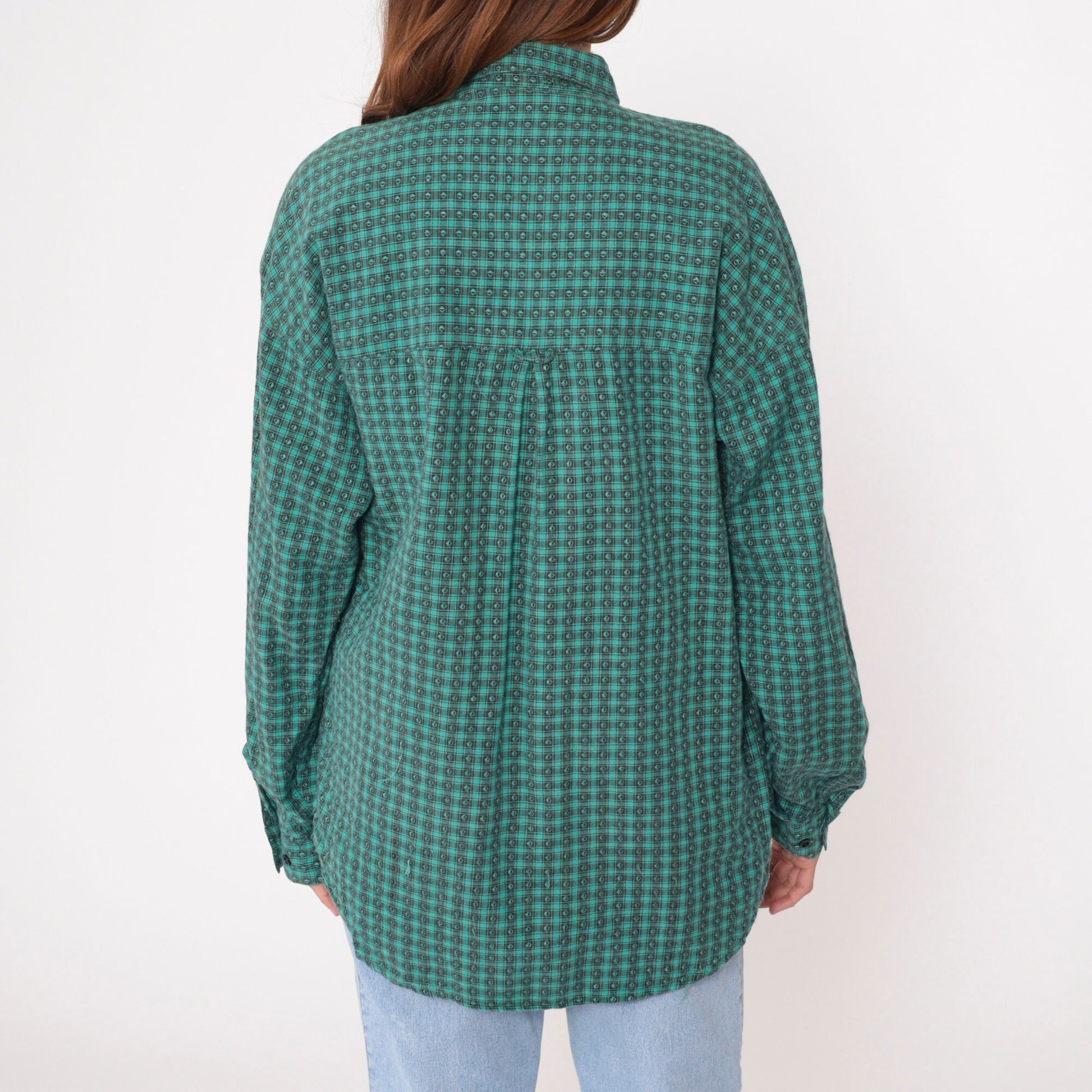 90s Green Black Checkered Button-Up Oxford Shirt Long Sleeve Men's Medium