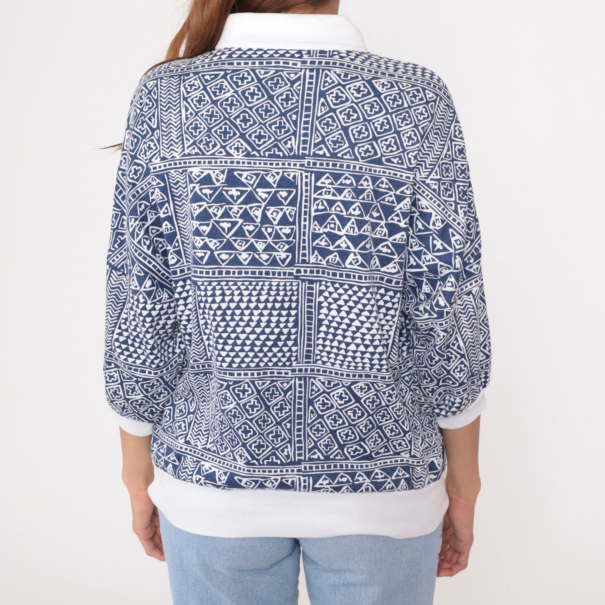 90s Drapers & Damons Polo Shirt Geometric Print Blue White Dolman Sleeve Large