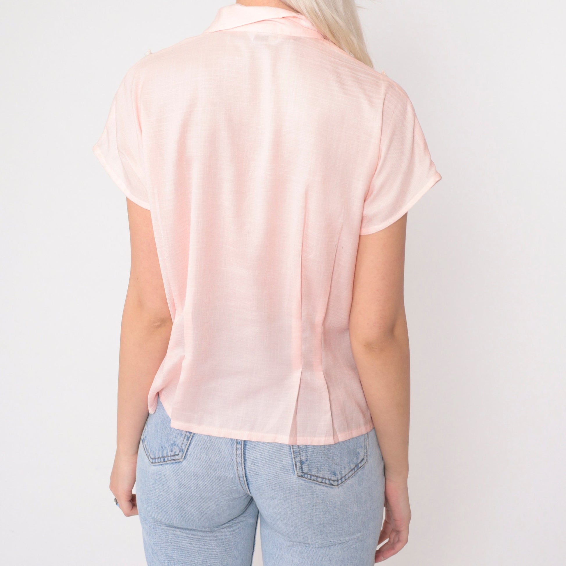 80s Baby Pink Lace Appliqué Button-Up Blouse Silver Studs Short Sleeve Medium