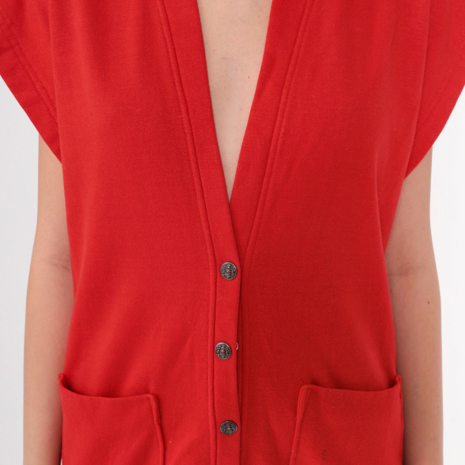 90s Red Sweatshirt Vest Button-Up V-Neck Cap Sleeve Medium M