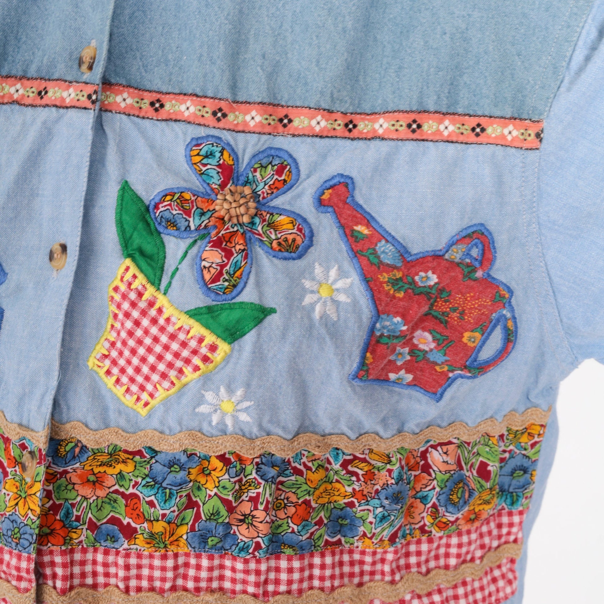 90s Victoria Jones Chambray Blouse Beaded Floral Embroidered Denim Blue Medium Petite