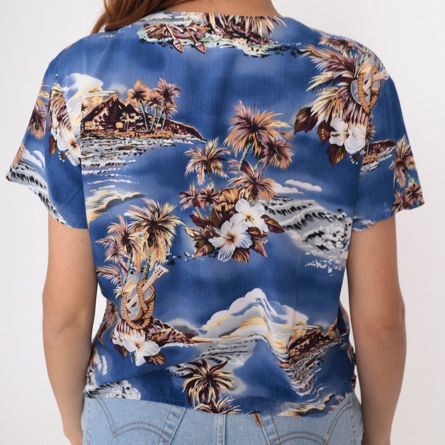 Y2K Ocean Pacific Hawaiian Shirt Blue Tropical Ukulele Print Button Up Extra Large