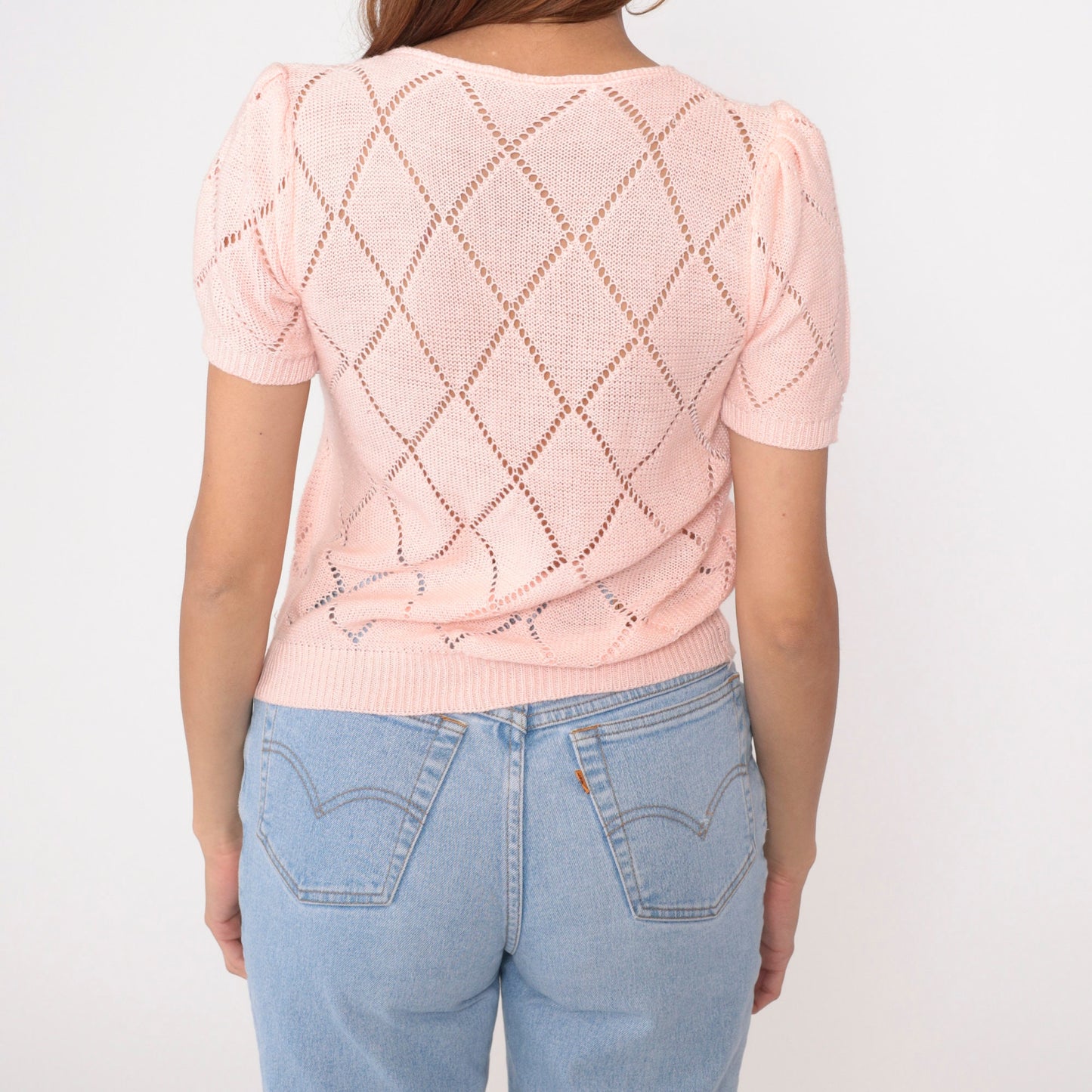 80s Baby Pink Pointelle Knit Top Pearl Beaded Puff Sleeve Cutout Small