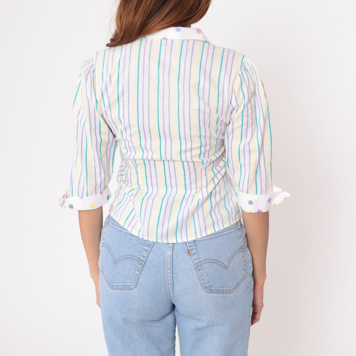 80s Striped Puff Sleeve Blouse White Polka Dot Trim Button Up Collared Top Extra Small