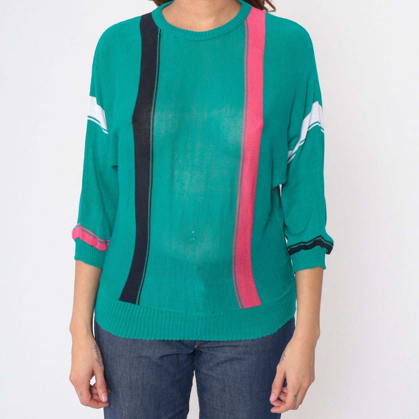 80s Teal Striped Knit Sweater Dolman Sleeve Crewneck Small