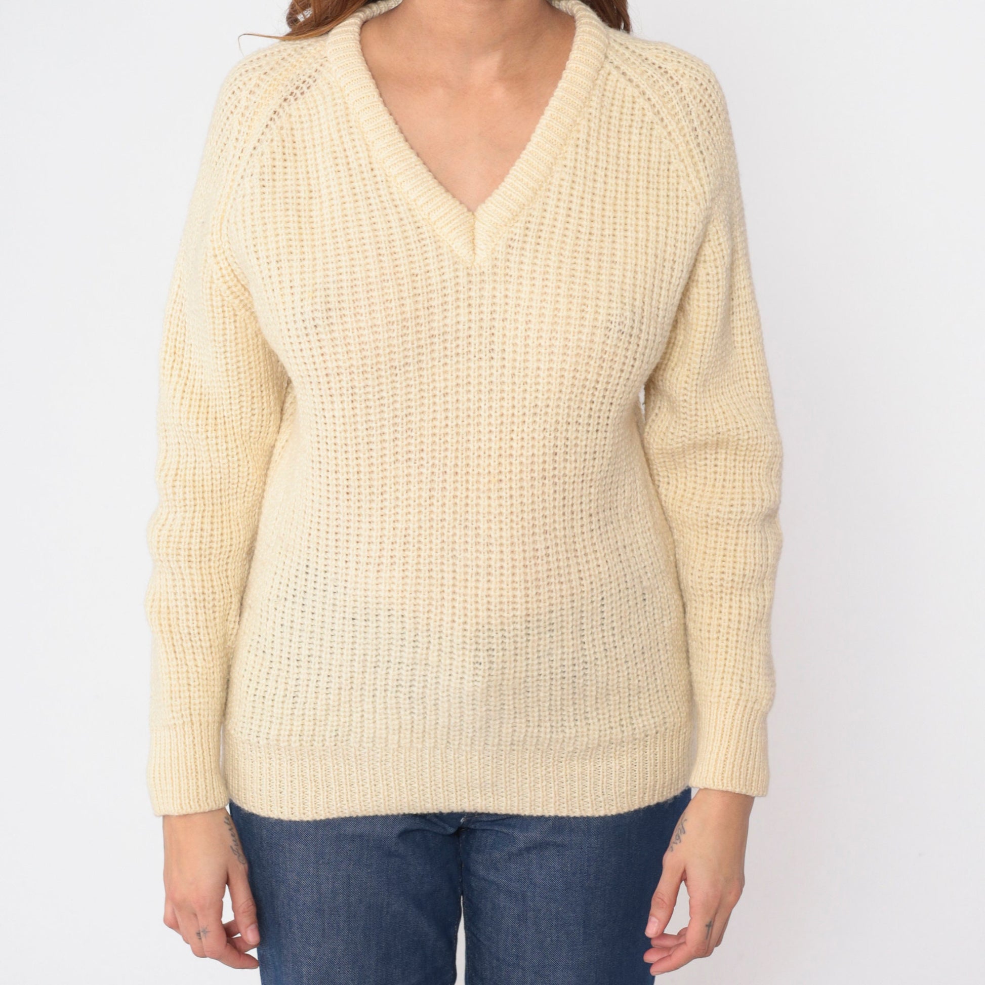 60s Wool Sweater Cream V-Neck Raglan Pullover Knit Small