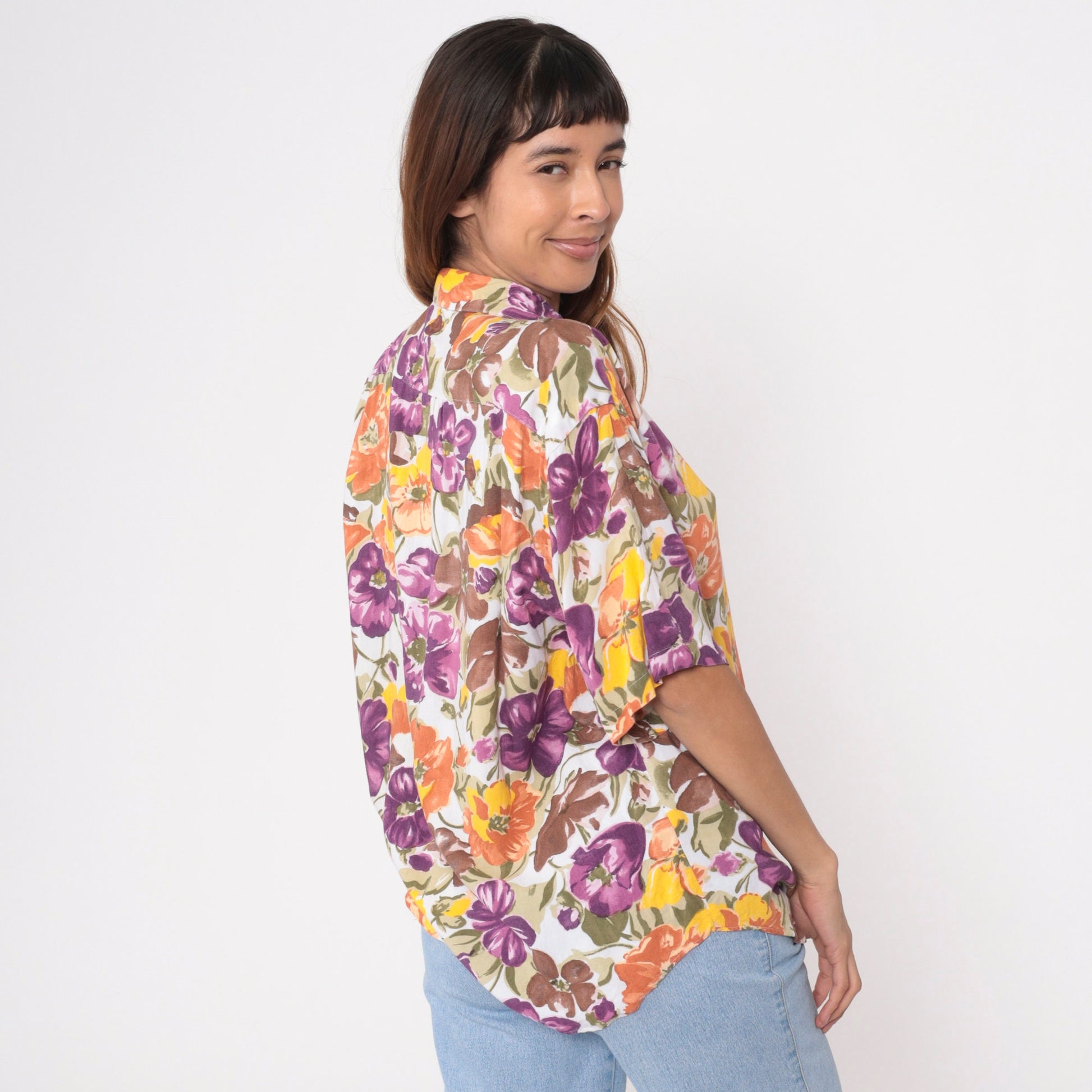 90s Watercolor Floral Rayon Button-Up Blouse Short Sleeve Large L