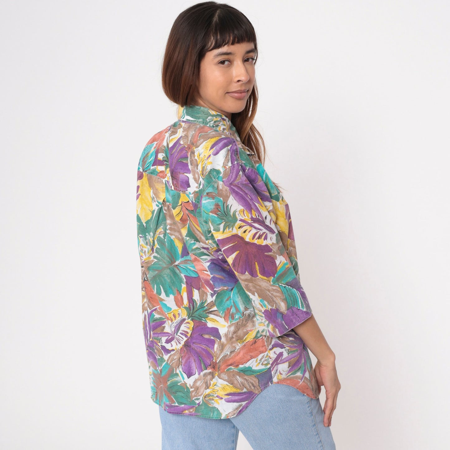 90s Tropical Leaf Print Button-Up Blouse Turquoise Purple 3/4 Sleeve Large