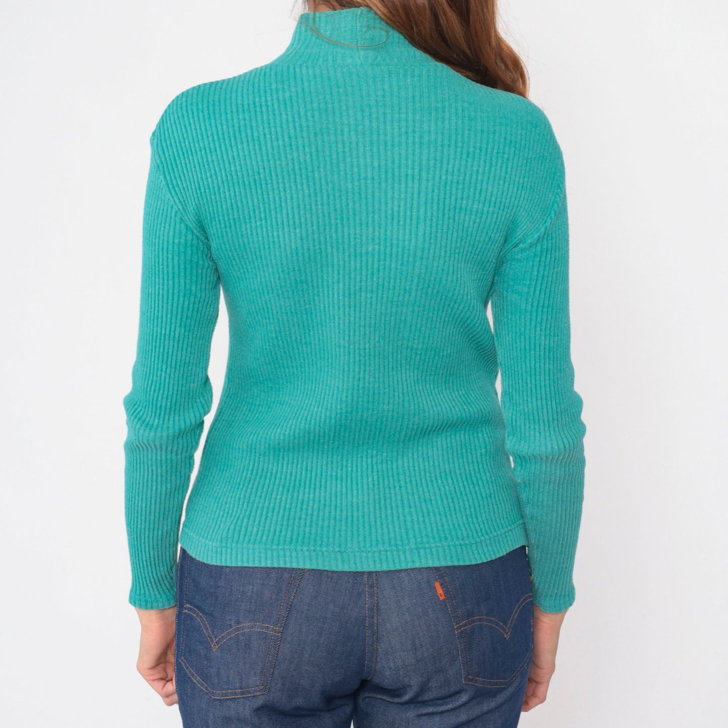 90s Turquoise Ribbed Turtleneck Long Sleeve Knit Top Medium