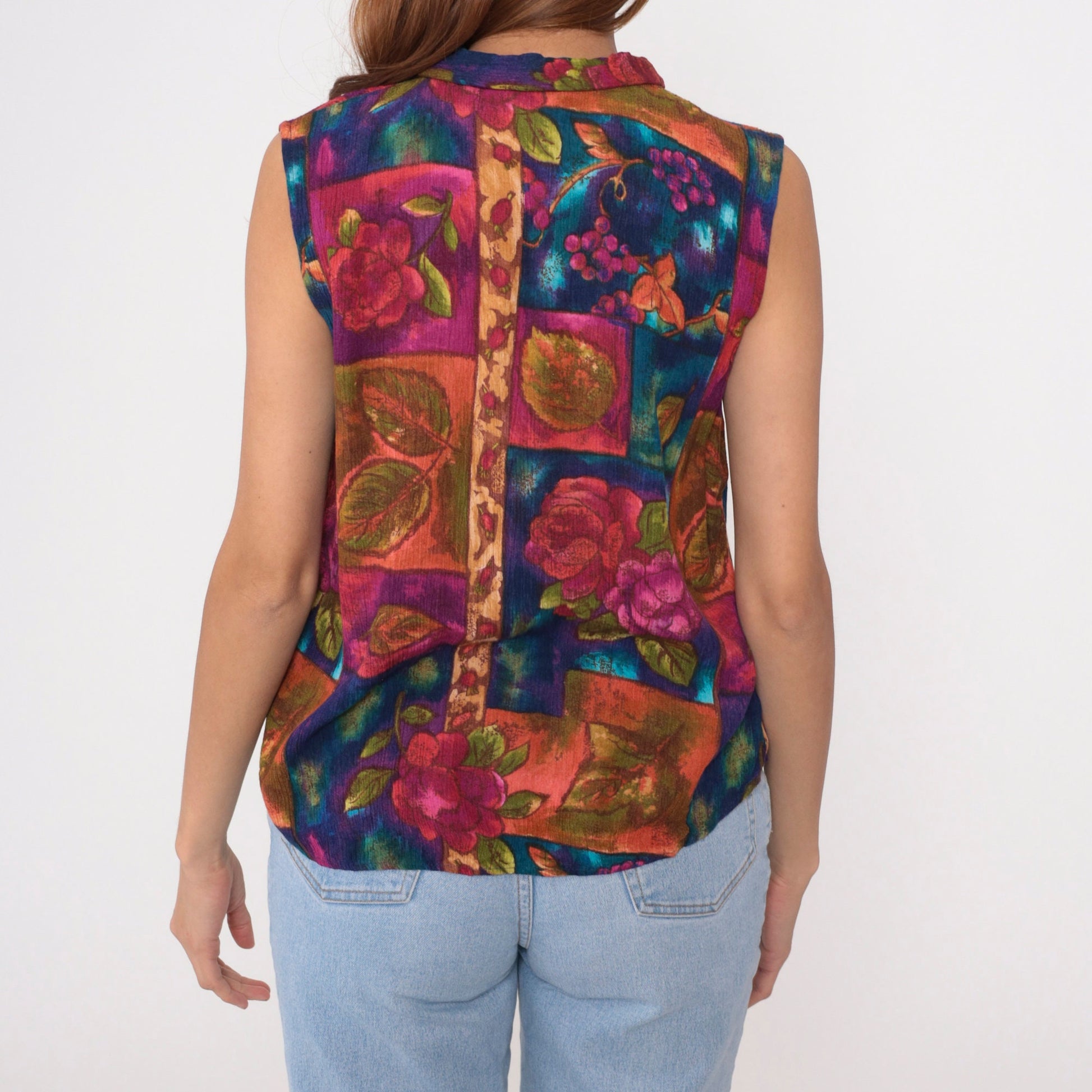 90s Floral Patchwork Button-Up Tank Top Rayon Sleeveless Blouse Medium
