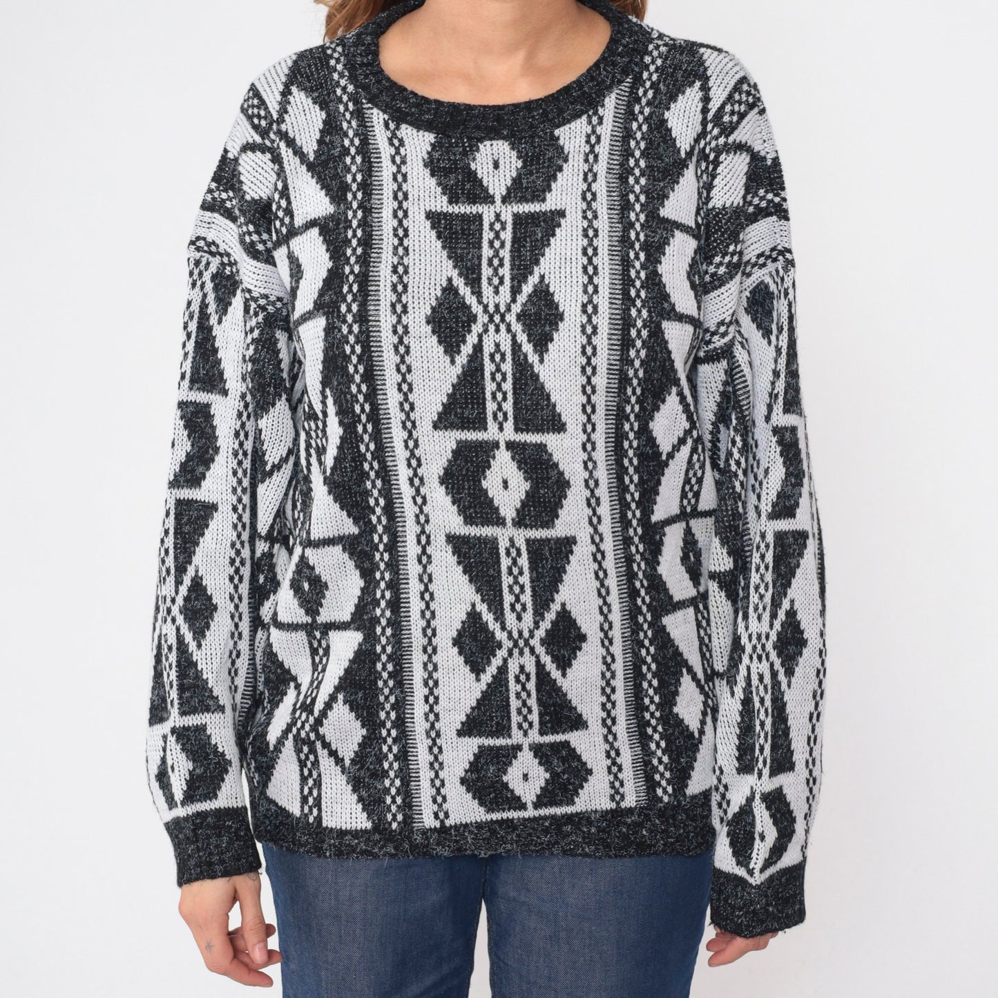 90s Black White Geometric Abstract Knit Sweater Crewneck Large L