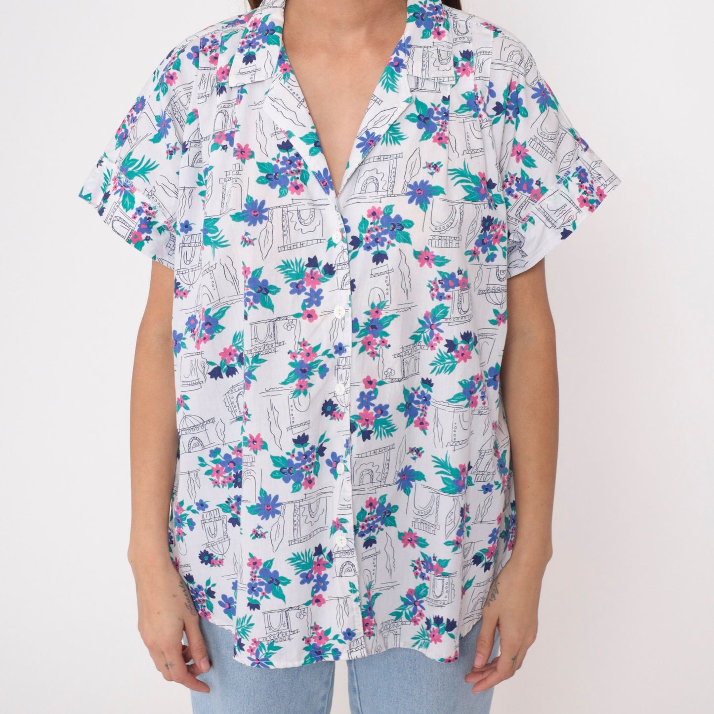 90s White Floral Arch Print Button-Up Blouse Plus Size 18W Short Sleeve