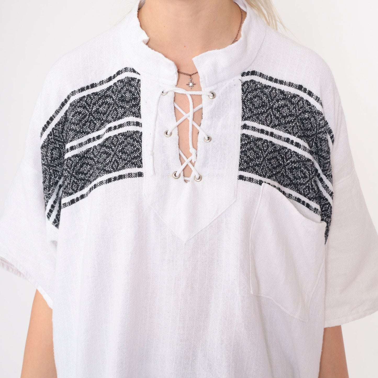 90s White Tunic Top Lace-Up Neckline Black Embroidery Short Sleeve Extra Large