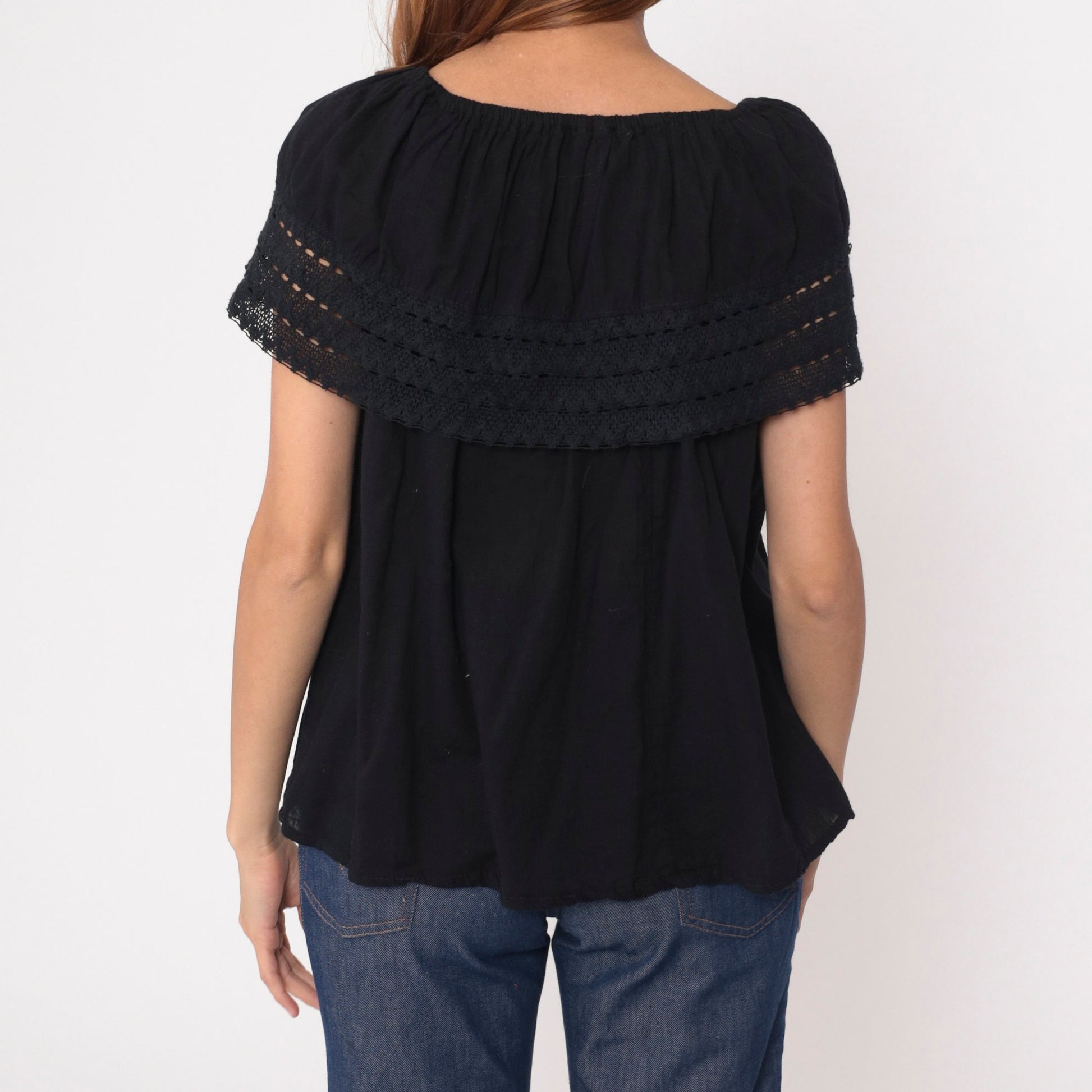 90s Mexican Floral Embroidered Cotton Blouse Off-Shoulder Black Medium